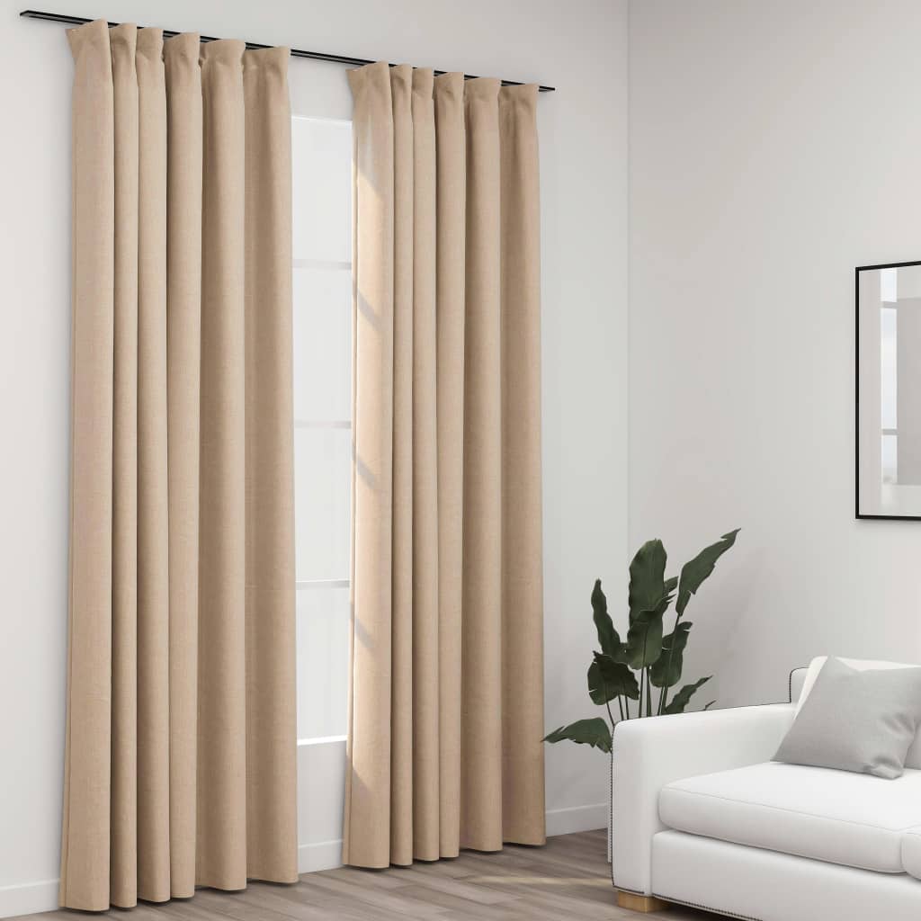 Cortinas opacas aspeto linho c/ ganchos 2 pcs 140x225 cm bege