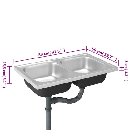 Lava-Louça Duplo de Cozinha em Inox Prateado - 80x50cm - Design Moderno