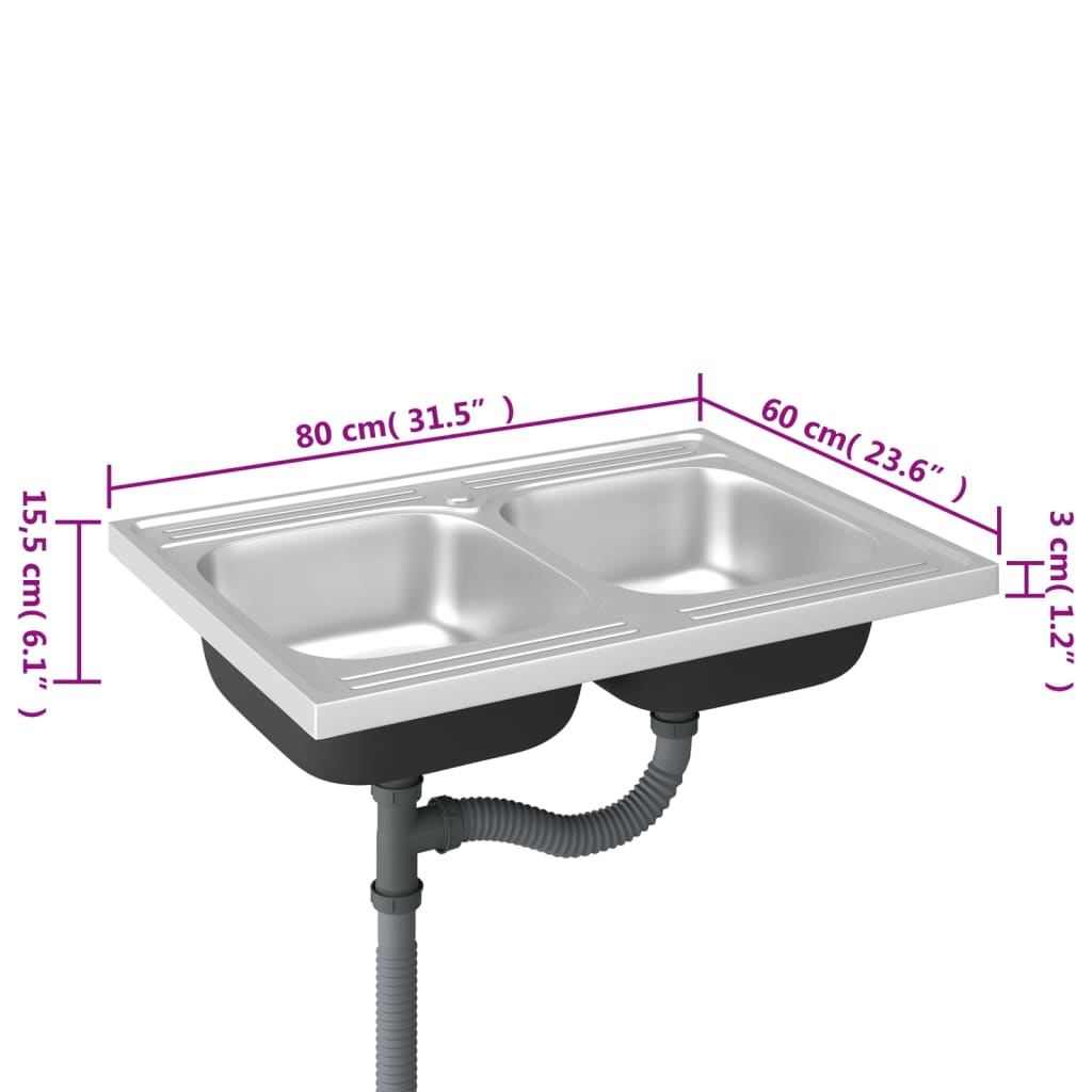 Lava-Louça Duplo de Cozinha em Inox Prateado - 80x60cm - Design Moderno