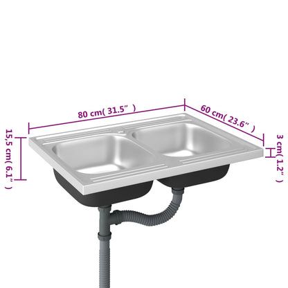 Lava-Louça Duplo de Cozinha em Inox Prateado - 80x60cm - Design Moderno