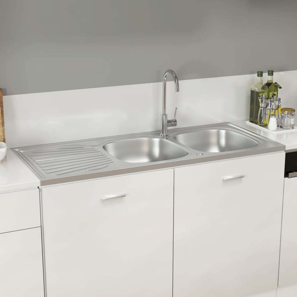 Lava-Louça Duplo de Cozinha com Escorredor Lateral em Inox Prateado - 120x50cm - Design Moderno