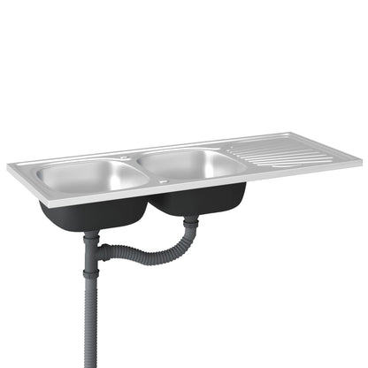 Lava-Louça Duplo de Cozinha com Escorredor Lateral em Inox Prateado - 120x50cm - Design Moderno