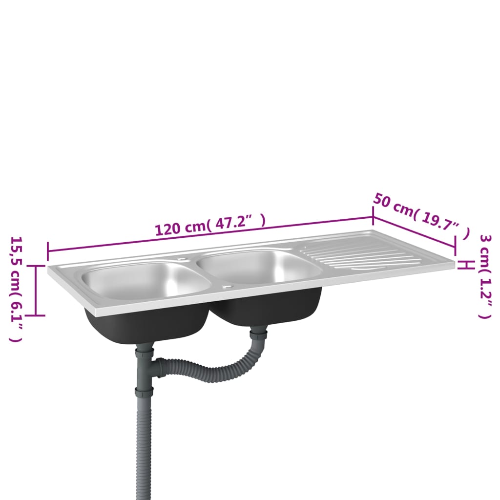 Lava-Louça Duplo de Cozinha com Escorredor Lateral em Inox Prateado - 120x50cm - Design Moderno