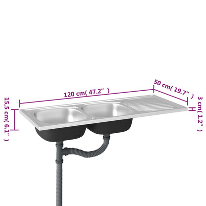 Lava-Louça Duplo de Cozinha com Escorredor Lateral em Inox Prateado - 120x50cm - Design Moderno