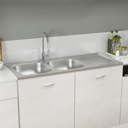 Lava-Louça Duplo de Cozinha com Escorredor Lateral em Inox Prateado - 120x50cm - Design Moderno