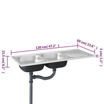 Lava-Louça Duplo de Cozinha com Escorredor Lateral em Inox Prateado - 120x60cm - Design Moderno