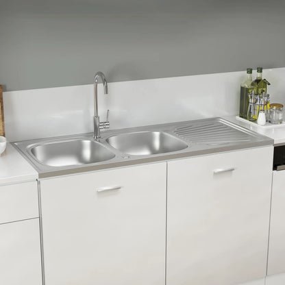 Lava-Louça Duplo de Cozinha com Escorredor Lateral em Inox Prateado - 120x60cm - Design Moderno