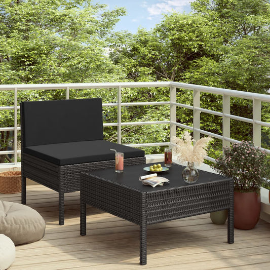 2 pcs conjunto lounge de jardim c/ almofadões vime PE preto