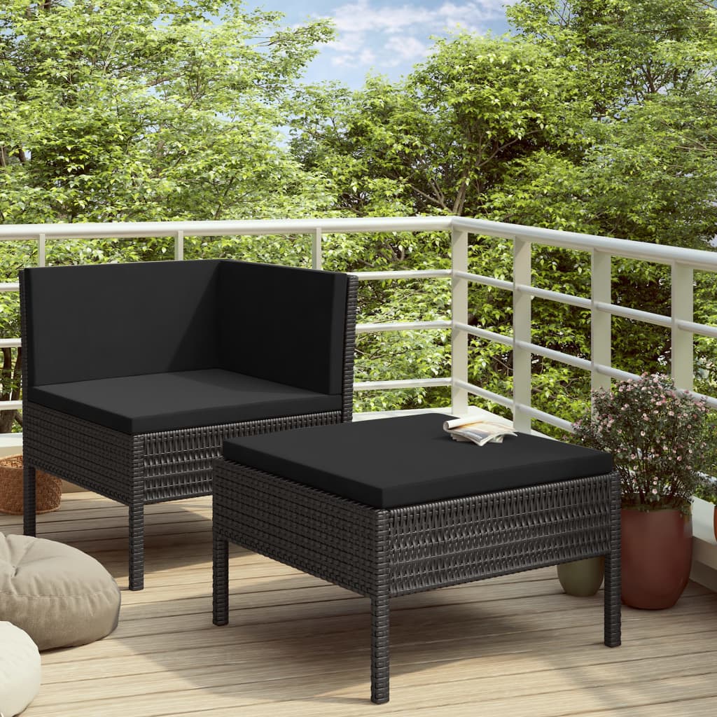 2 pcs conjunto lounge de jardim c/ almofadões vime PE preto