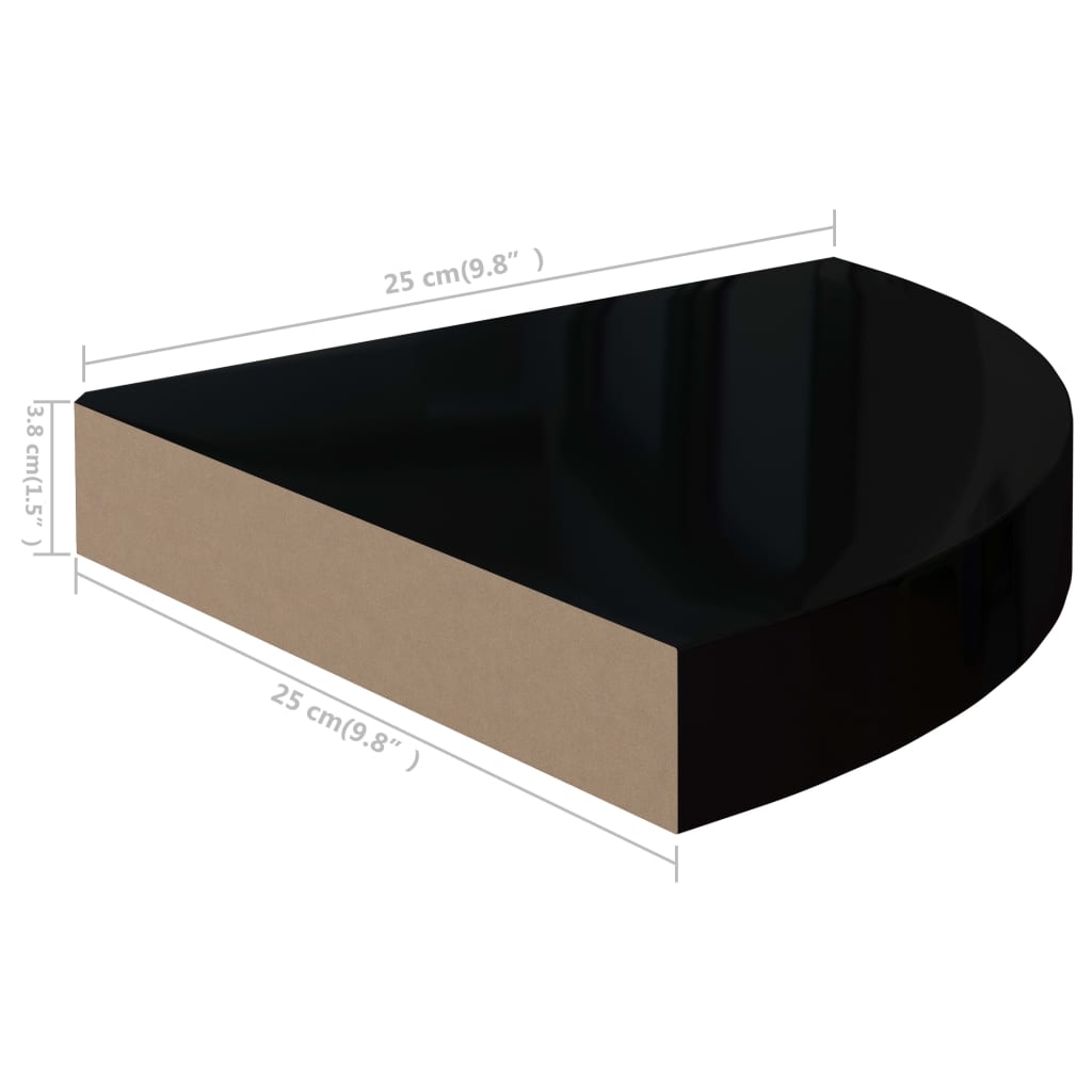 Prateleiras canto suspensas 2 pcs 25x25x3,8cm MDF preto brilh.