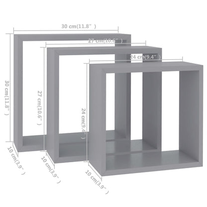 Prateleiras de parede em forma de cubo 3 pcs MDF cinzento