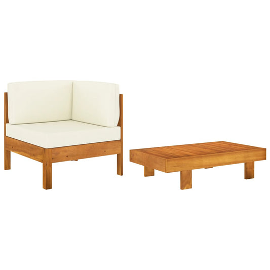 2 pcs conj. lounge de jardim c/ almofadões branco nata acácia