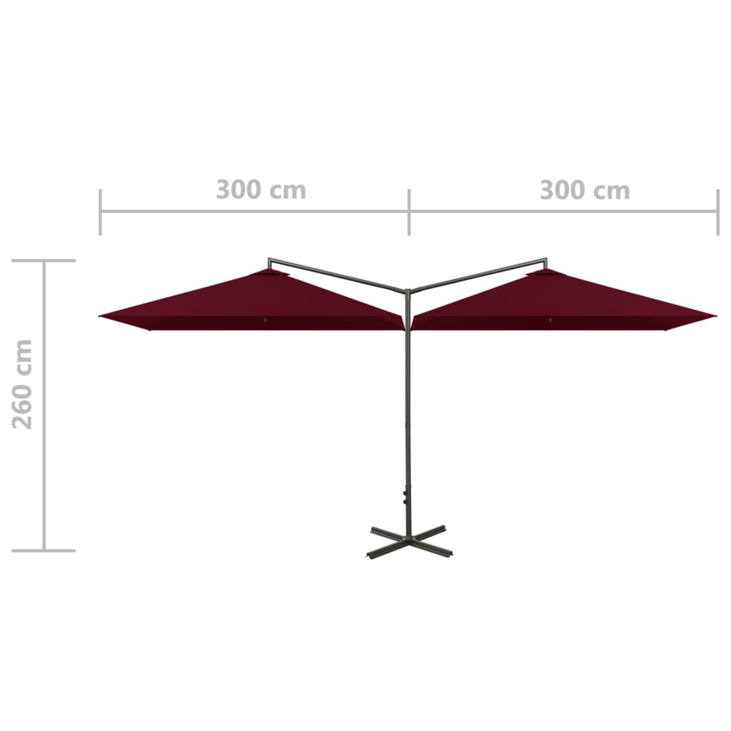 Guarda-sol duplo com mastro de aço 600x300 cm bordô