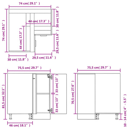 Armário inferior de canto 75,5x75,5x80,5cm contraplacado branco