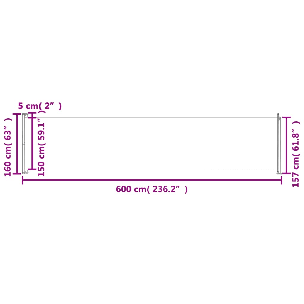 Toldo lateral retrátil para pátio 600x160 cm preto