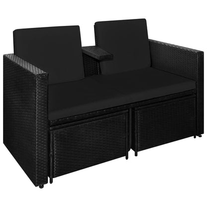 3 pcs conjunto lounge para jardim c/ almofadões vime PE preto