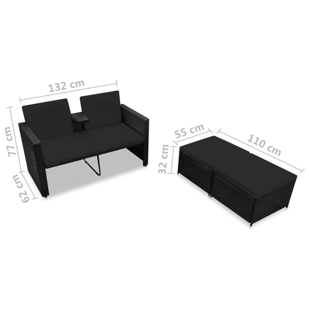 3 pcs conjunto lounge para jardim c/ almofadões vime PE preto