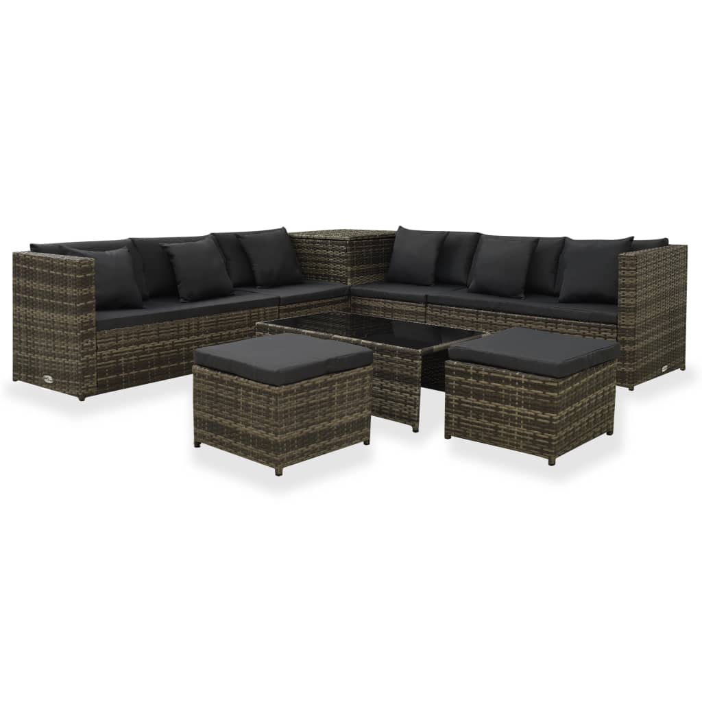 8 pcs conjunto lounge de jardim c/ almofadões vime PE cinzento