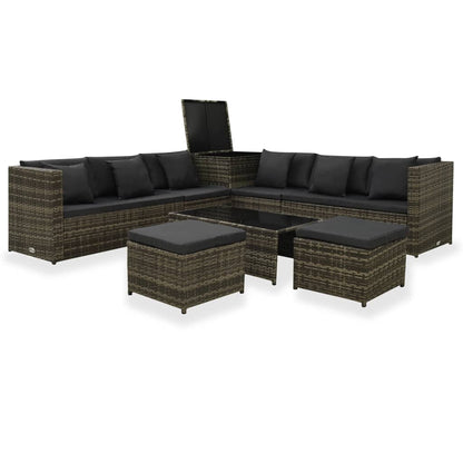 8 pcs conjunto lounge de jardim c/ almofadões vime PE cinzento