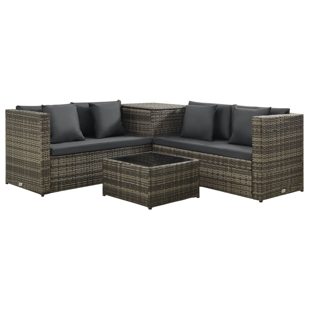 4 pcs conjunto lounge de jardim c/ almofadões vime PE cinzento