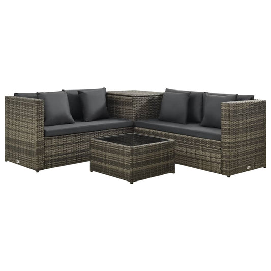 4 pcs conjunto lounge de jardim c/ almofadões vime PE cinzento