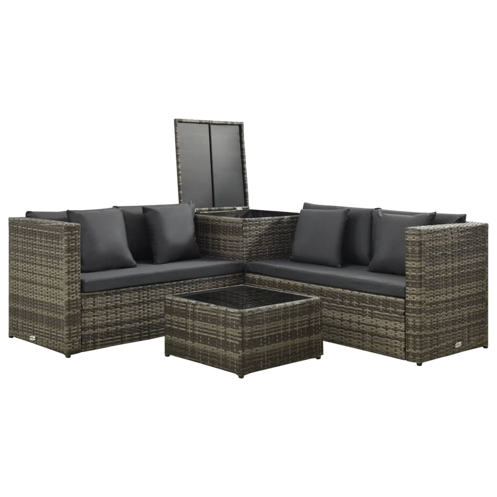 4 pcs conjunto lounge de jardim c/ almofadões vime PE cinzento