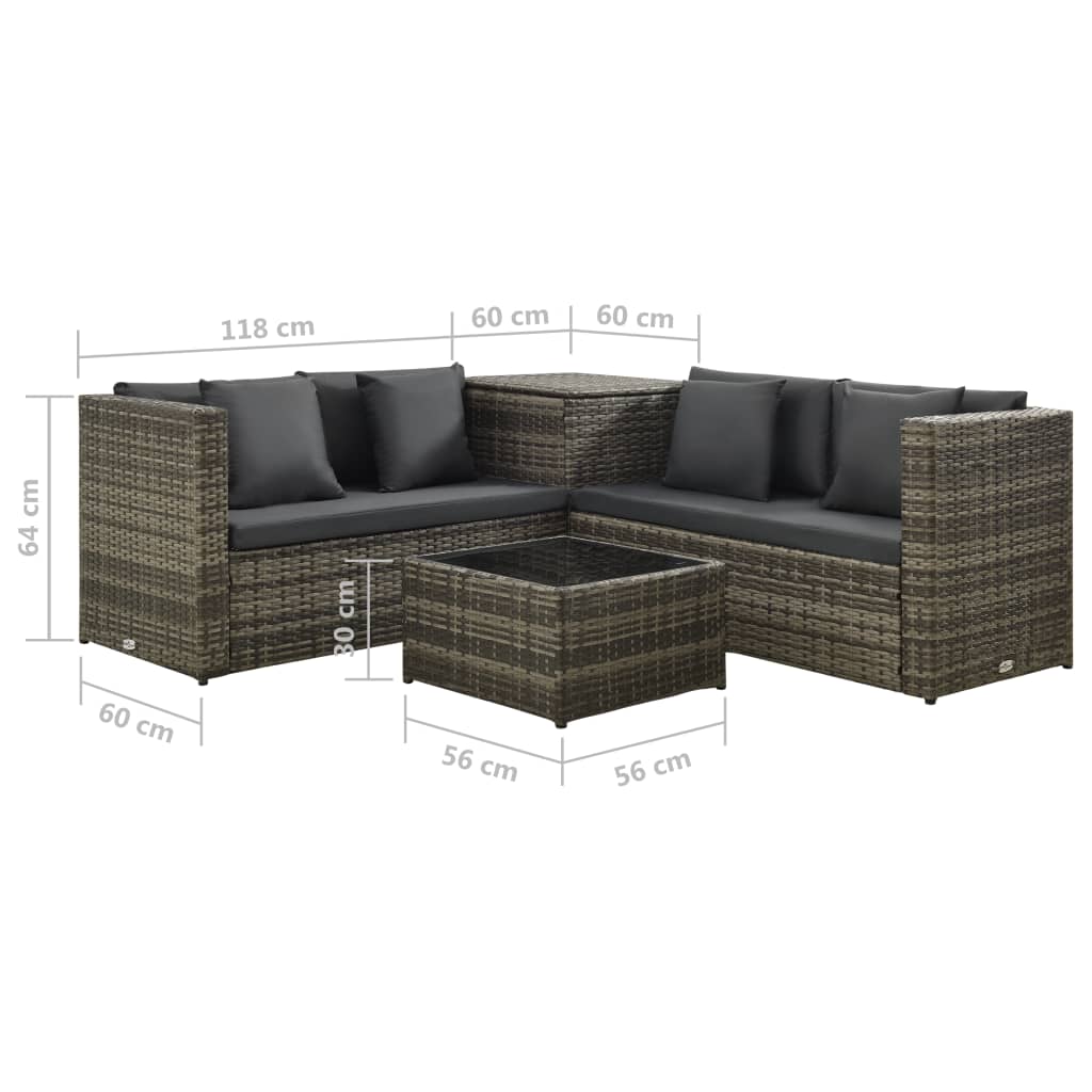 4 pcs conjunto lounge de jardim c/ almofadões vime PE cinzento