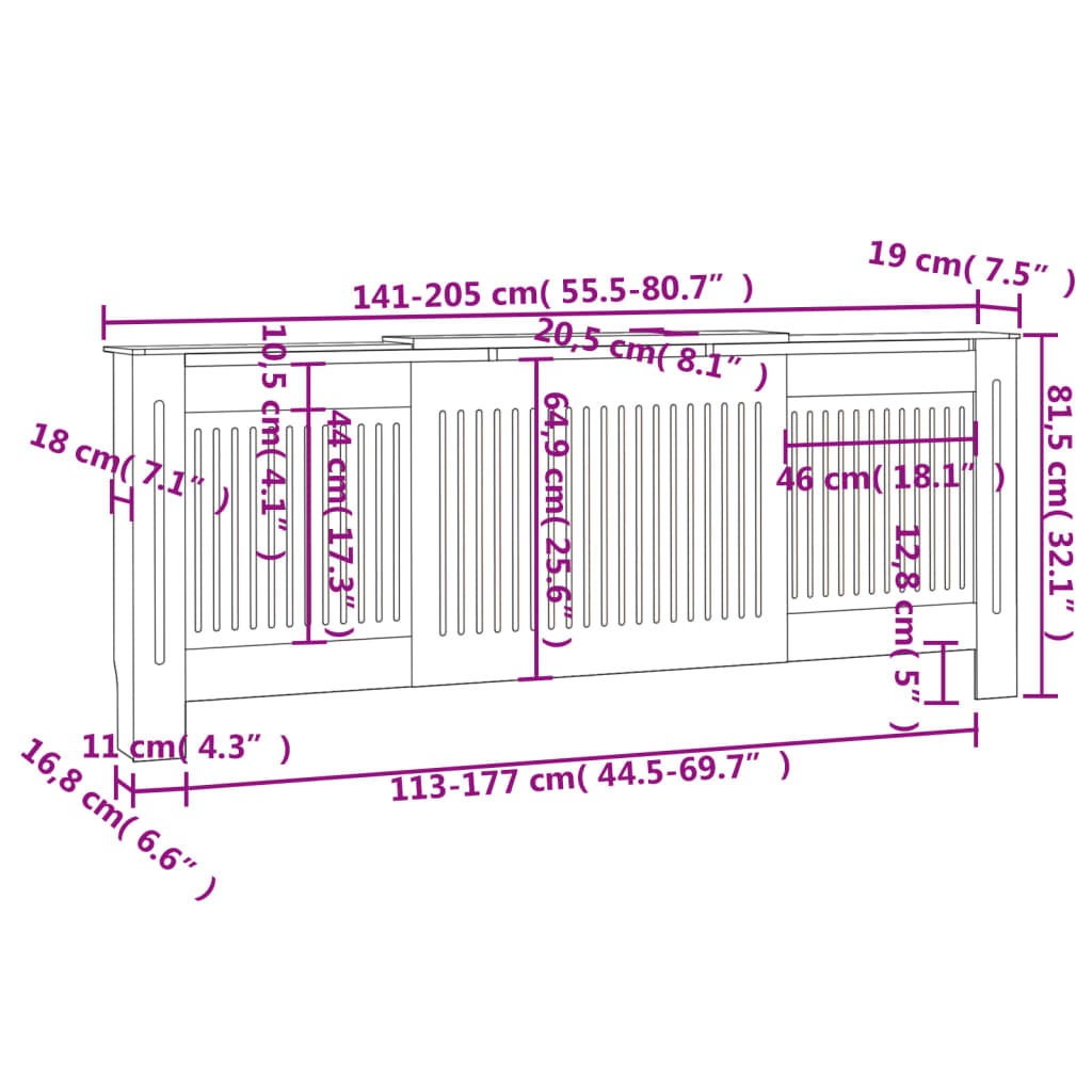 Cobertura de radiador MDF 205 cm cinzento