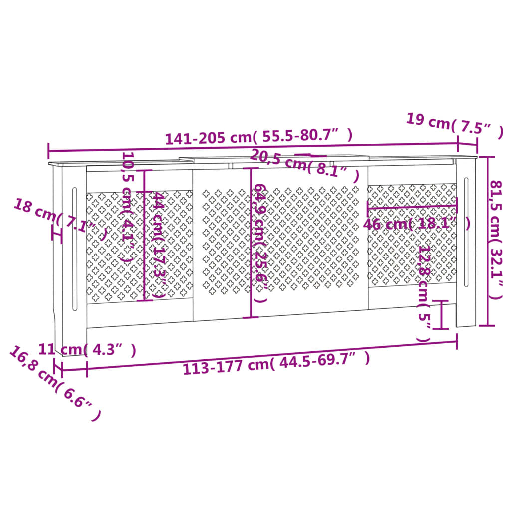 Cobertura de radiador MDF 205 cm preto