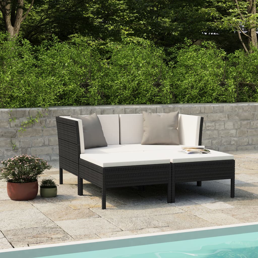 4 pcs conjunto lounge de jardim c/ almofadões vime PE preto