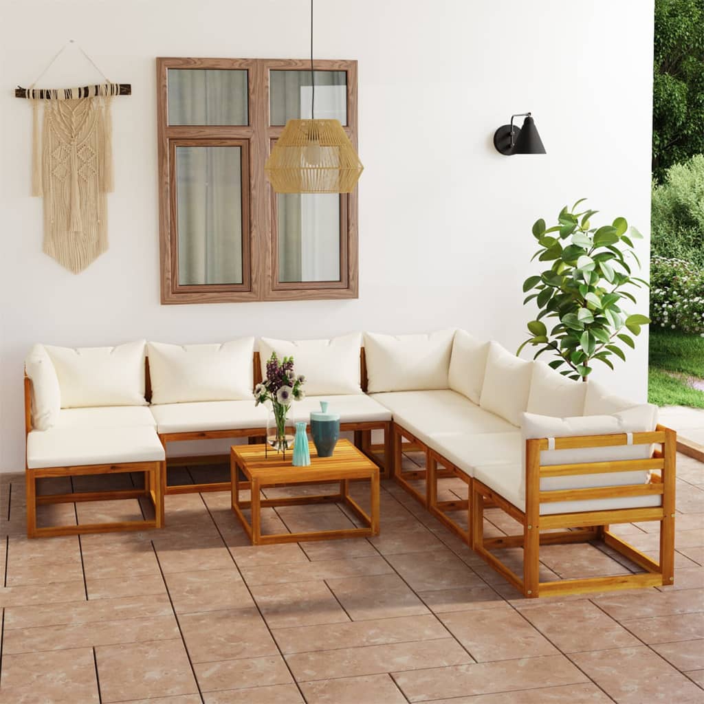 9 pcs conjunto lounge jardim c/ almofadões acácia maciça creme