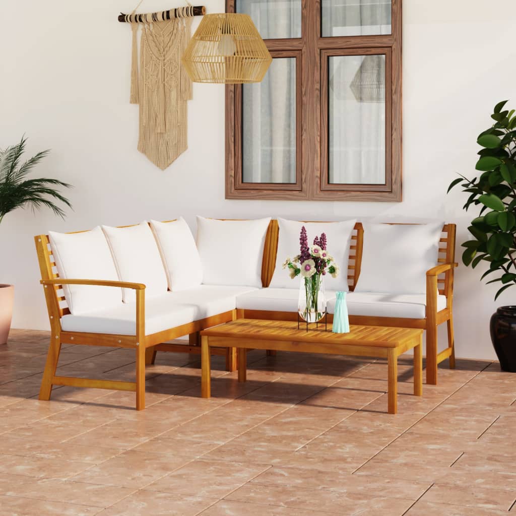 4 pcs conj. lounge jardim c/ almofadões acácia maciça cor creme