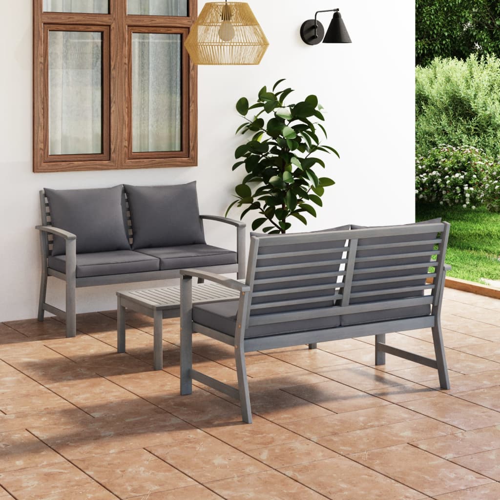 3 pcs conj. lounge jardim c/ almofadões acácia maciça cinzento