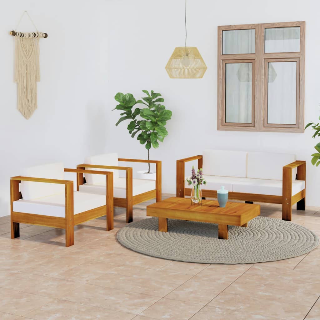 4 pcs conj. lounge de jardim c/ almofadões branco nata acácia