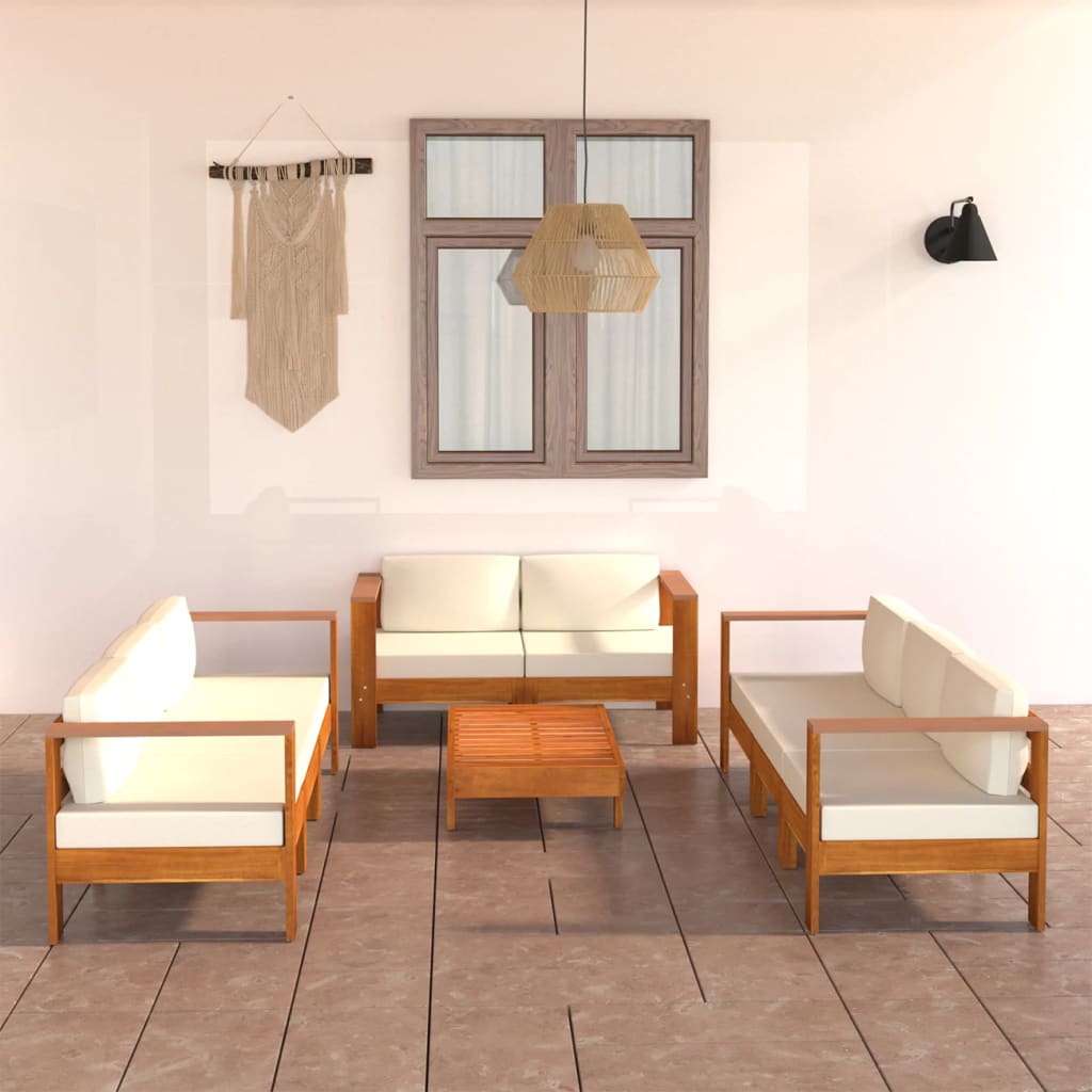 8 pcs conj. lounge de jardim c/ almofadões branco nata acácia