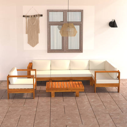 7 pcs conj. lounge de jardim c/ almofadões branco nata acácia