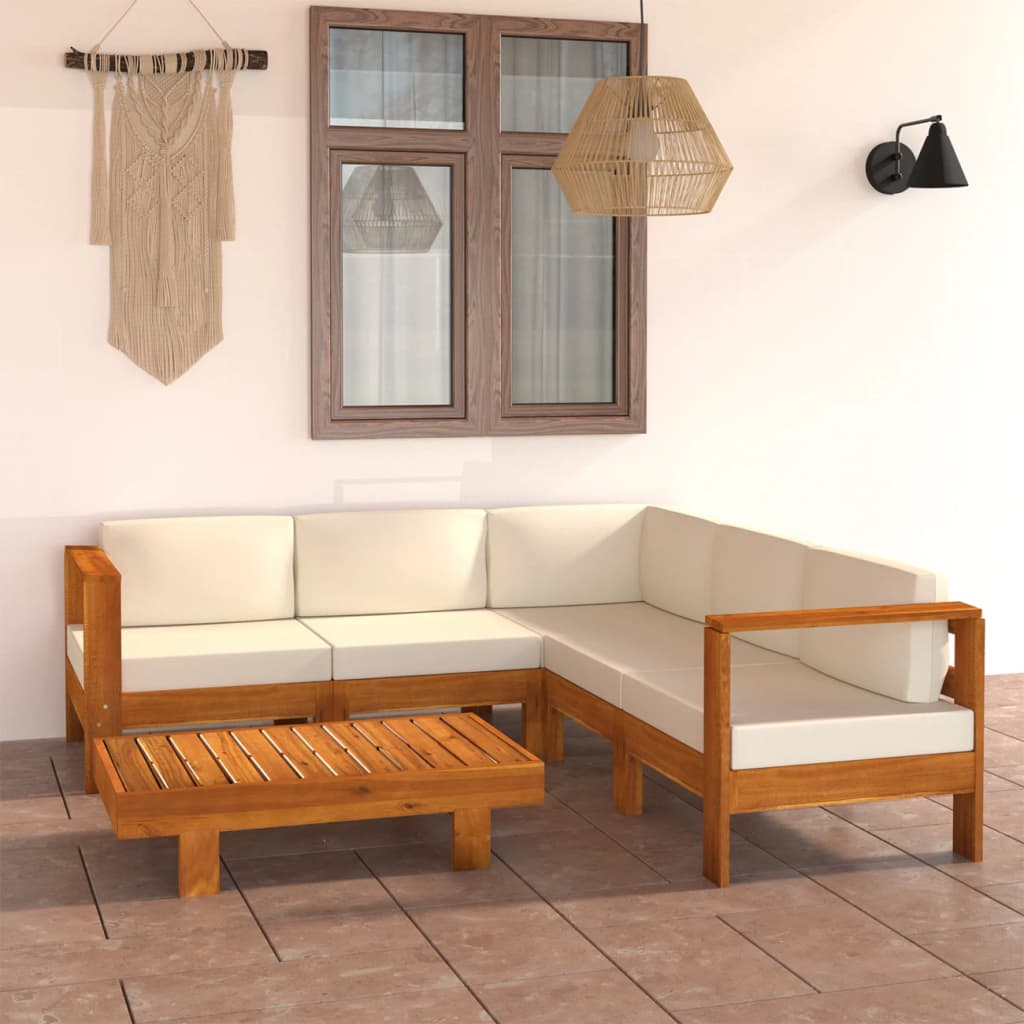 6 pcs conj. lounge de jardim c/ almofadões branco nata acácia