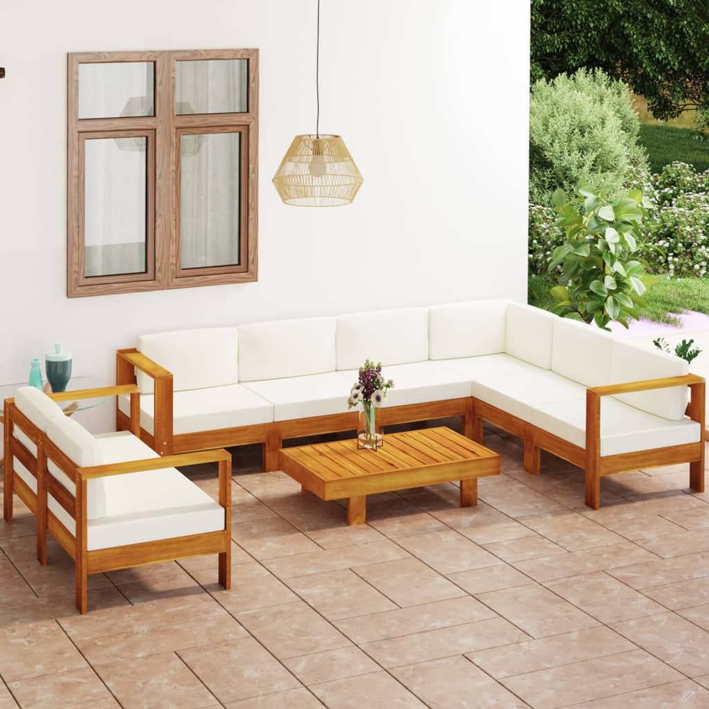 8 pcs conj. lounge de jardim c/ almofadões branco nata acácia