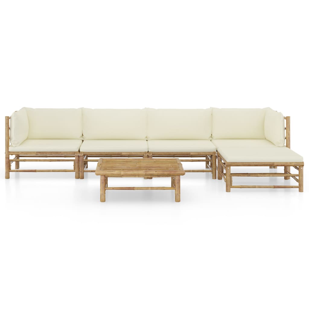 6 pcs conj. lounge p/ jardim em bambu c/ almofadões branco nata