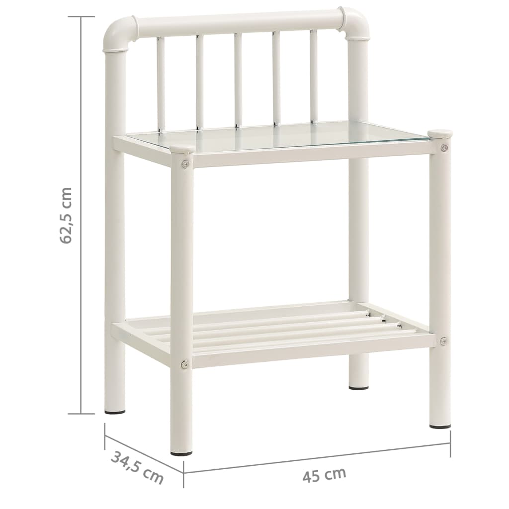 Mesa cabeceira 45x34,5x62,5cm metal branco e vidro transparente