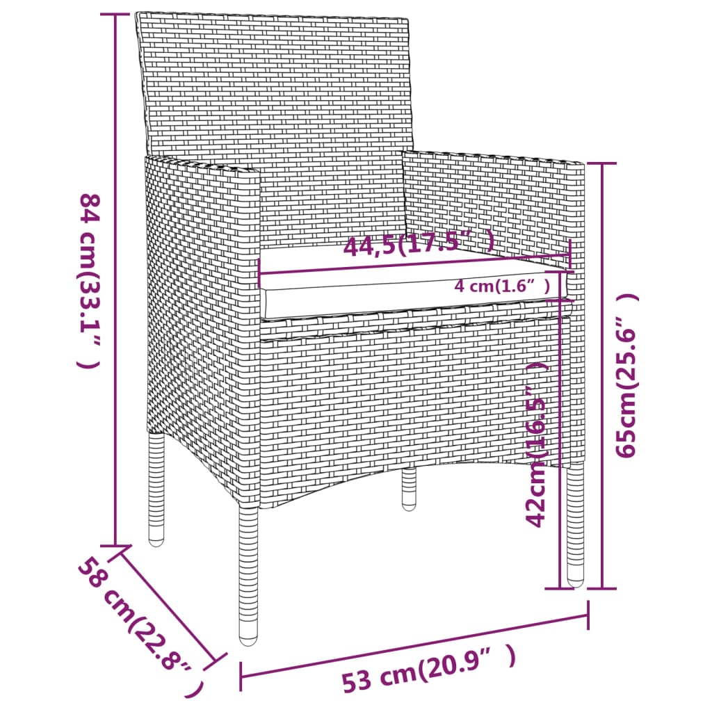 3 pcs conjunto jantar p/ jardim vime PE e acácia maciça preto