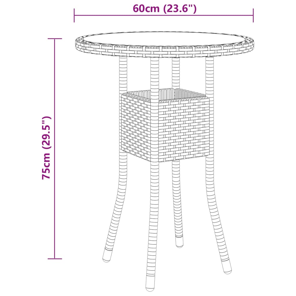 3 pcs conjunto de jantar para jardim vime PE cinzento