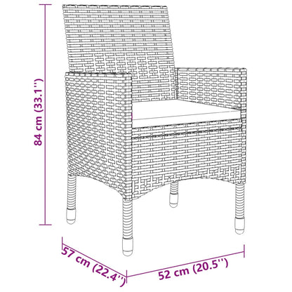 3 pcs conjunto de jantar para jardim vime PE cinzento