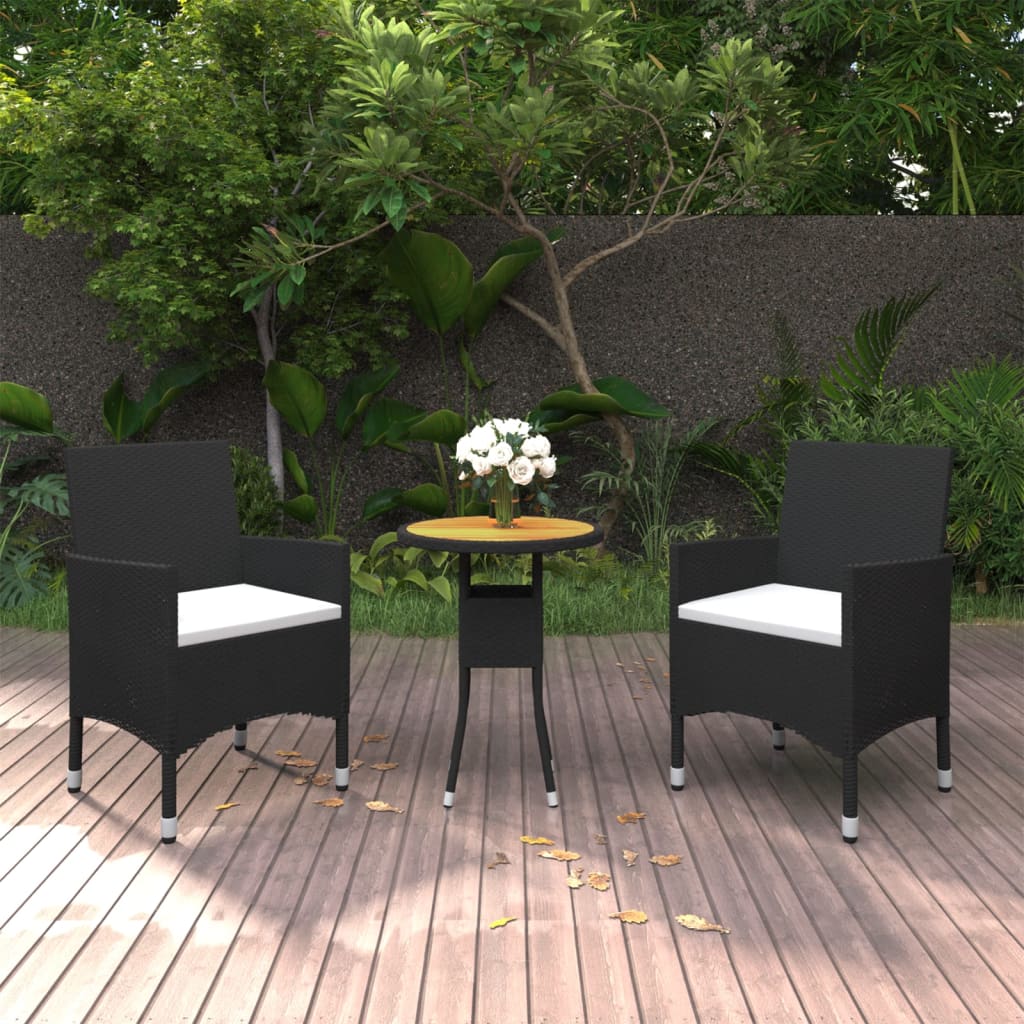 3 pcs conjunto de jantar para jardim vime PE preto