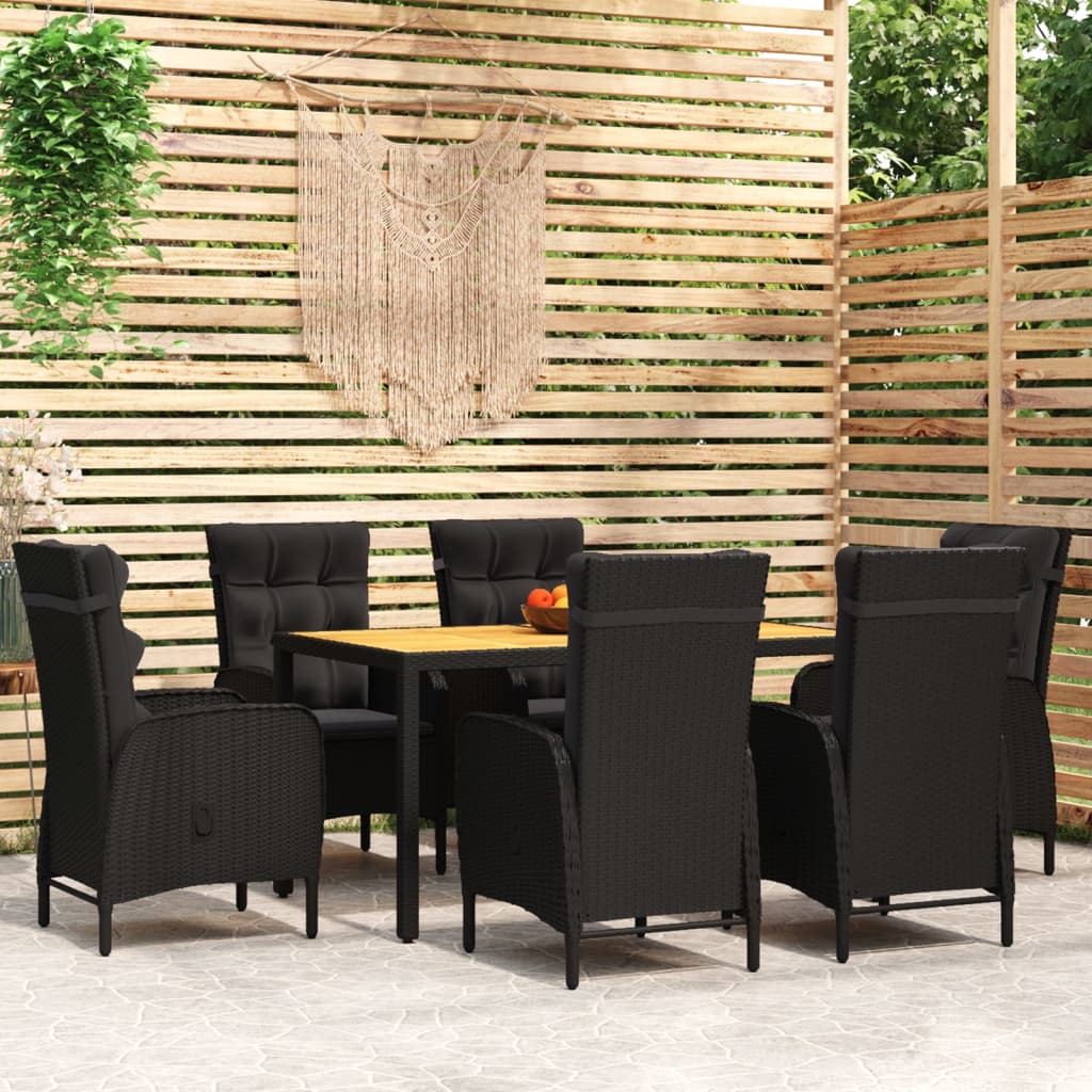 7 pcs conjunto de jantar para jardim vime PE preto