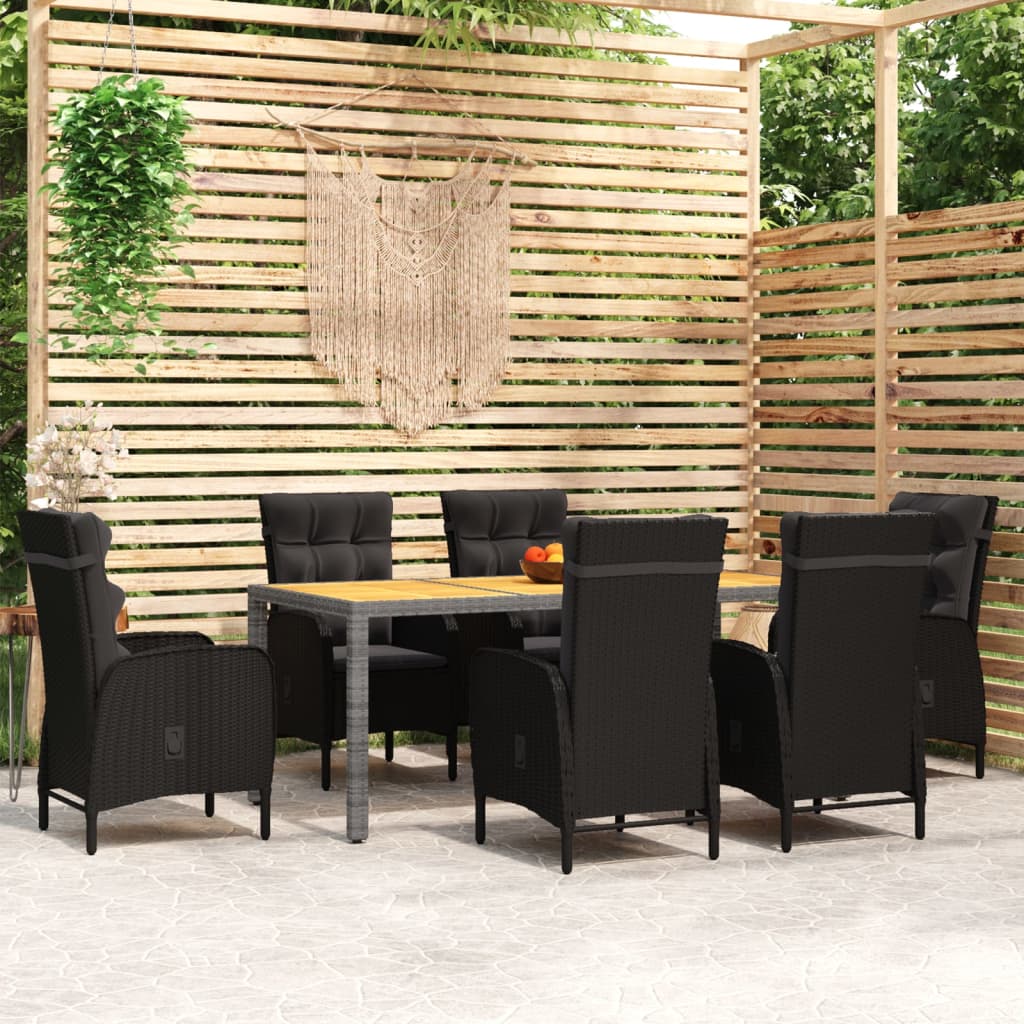 7 pcs conjunto de jantar para jardim vime PE preto