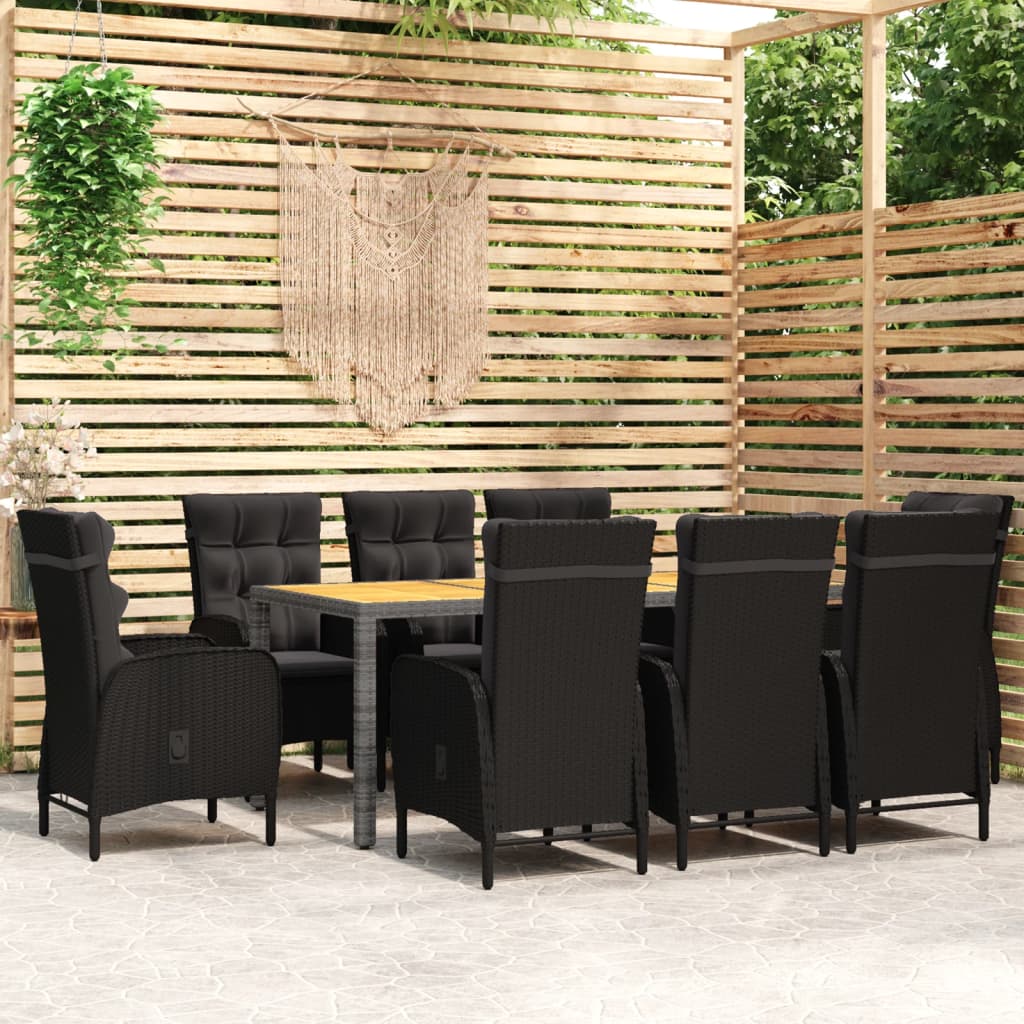 9 pcs conjunto de jantar para jardim vime PE preto