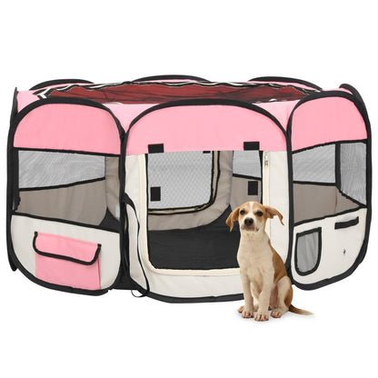 Parque dobrável p/ cão c/ saco de transporte 125x125x61cm rosa