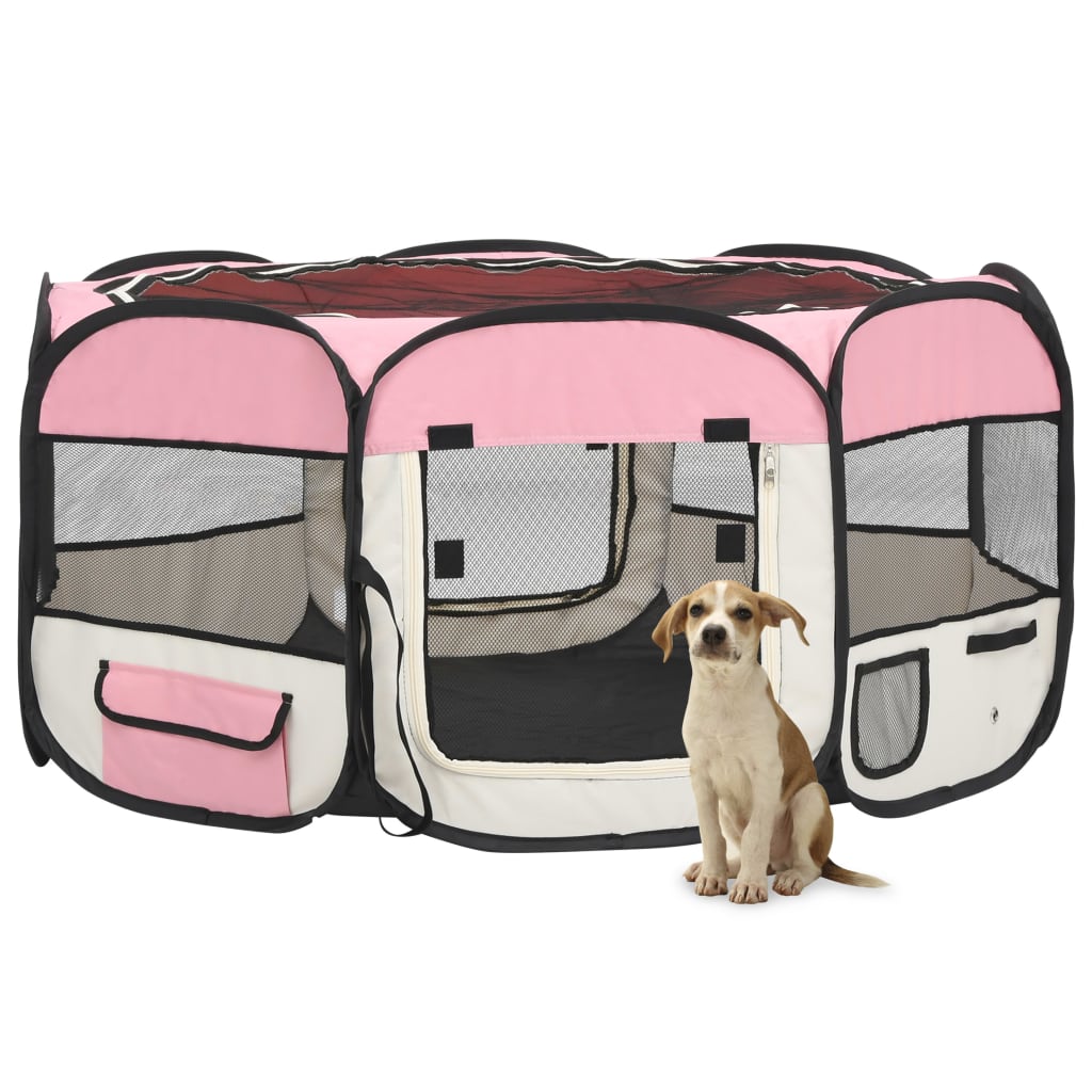 Parque dobrável p/ cão c/ saco de transporte 145x145x61cm rosa