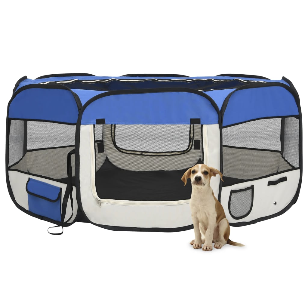 Parque dobrável p/ cão c/ saco de transporte 145x145x61cm azul